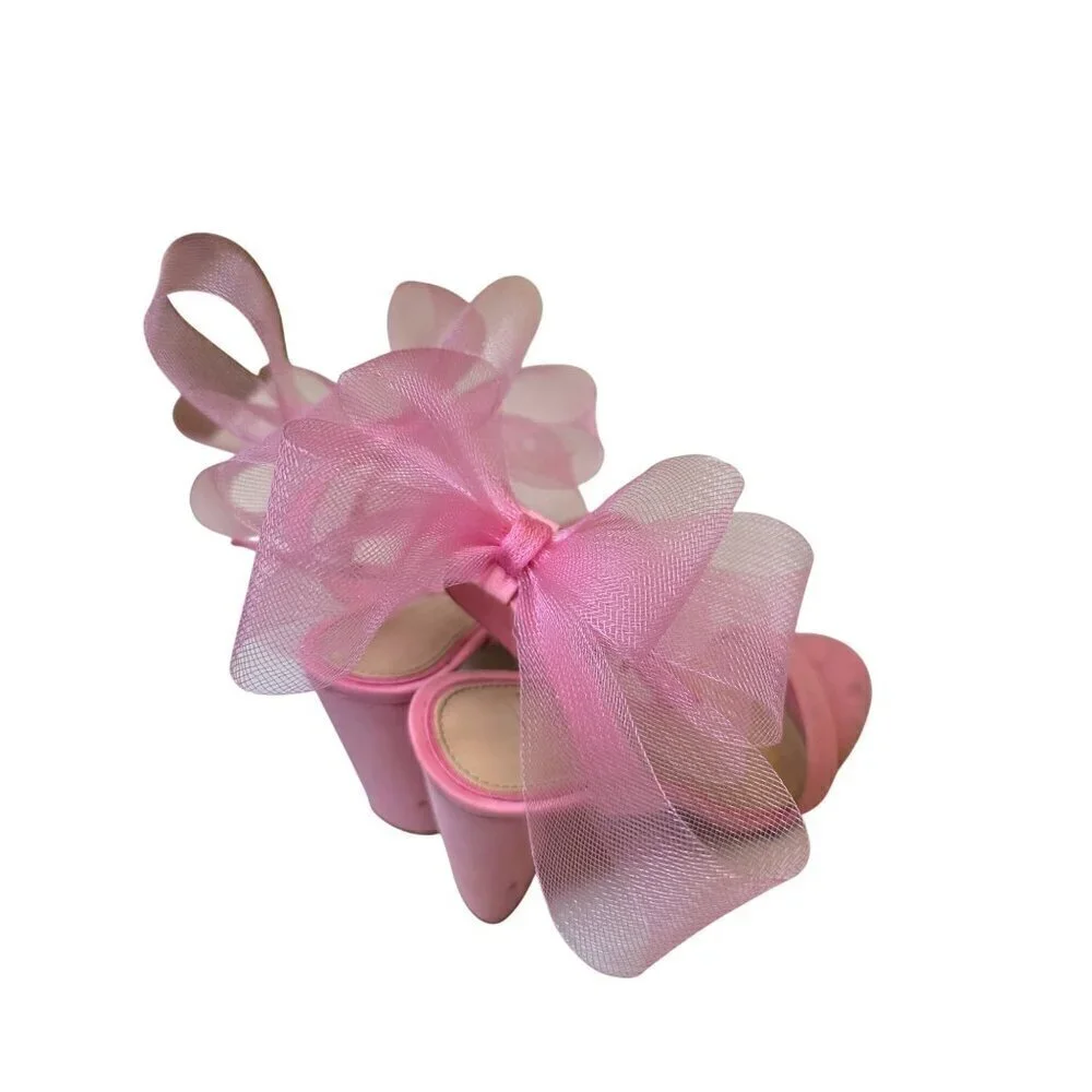 Pink Heeled Sandals With Large Tulle Bow Accent & Adjustable‎ Ankle Strap - Picture 2 of 16